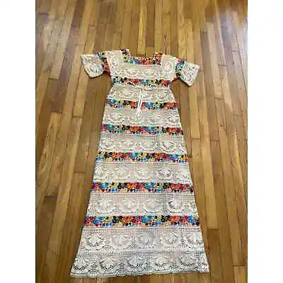 Vintage 1960'S Mexican Wedding Hippie Crochet & Lace Embroidered Dress Boho • $179.99