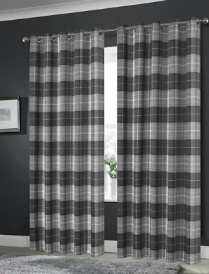 Check Tartan Blackout Eyelet Pair Curtains Thermal Ring Top • £9.49