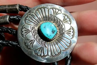 Rare Dennis James Navajo Sterling Concho Turquoise Leather Bolo Tie Vintage • $159.99