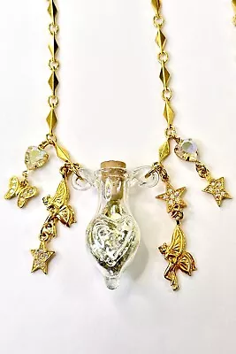 RARE Kirks Folly Twin Angels Fairy Dust GLASS BOTTLE Gold Tone - Long NECKLACE • £61.77