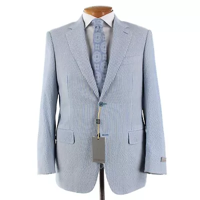 Canali NWT Wool Two Piece Suit 52R (42R US) In Blue & White Striped Seersucker • $1349.99