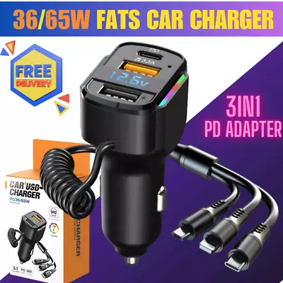 Fast Car Charger 2 USB + USB C Port Lighter Socket Adapter For IPhone & Samsung • £2.99