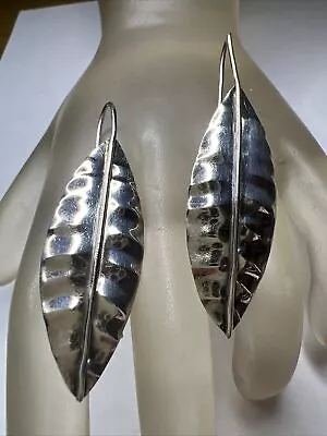 Vintage STERLING SILVER Mexico Leaf Large DROP  EARRINGS • $33