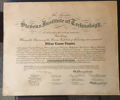 Stevens Institute Of Technology 1923 Authentic Diploma • $50