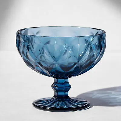 Set Of 2 Blue Thick Glass Sundae Dishes Vintage Ice Cream Dessert Glasses Bowls • £16