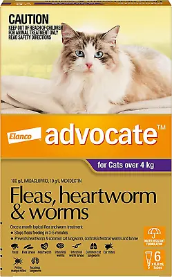 Advocate Flea Heartworm And Worm Control For Cats Over 4kg Purple 6 Pack • $99.99