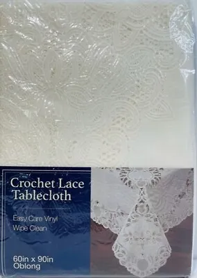 Crochet Lace Deluxe Vinyl Tablecloth 60inX90in Oblong Easy Care White • $17.98