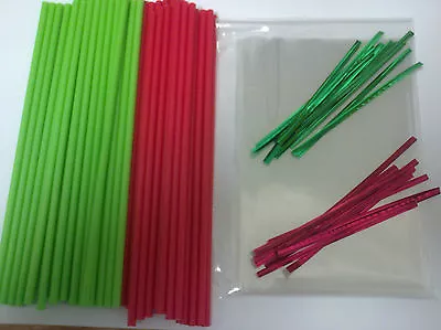 50 X 190mm 7.5  RED & GREEN CHRISTMAS CAKE POP LOLLIPOP KIT & BAGS & TWIST TIE • £6.10