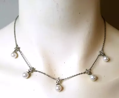 Vintage Pearl Rhinestone Flower Necklace Silver Chain • $9