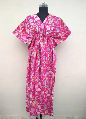 Indian Cotton Pink Floral Printed Kaftan Dress Women's Clothing Kaftan Dress AU • $33.75