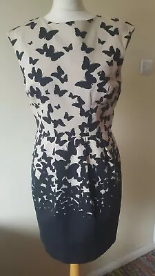 Warehouse Pencil Dress Size UK 12 Beige Black Butterfly Pattern Just Above Knee  • £9.99