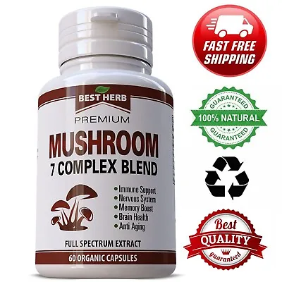 Mushroom 7 Complex Blend 60 Organic Pills Reishi Lions Mane Supplement • $12.95