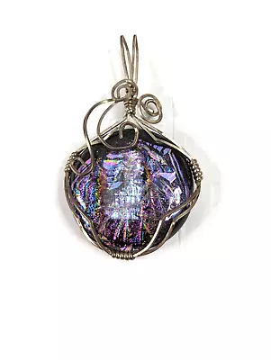 Art Glass Round Pendant Purple Glitter Metal Wrap Jewelry Artisan Murano Style • $6.99