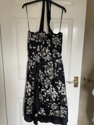 £10 • Buy John Rocha Black Halterneck Dress With Boned Bodice White Flower Design Size 12