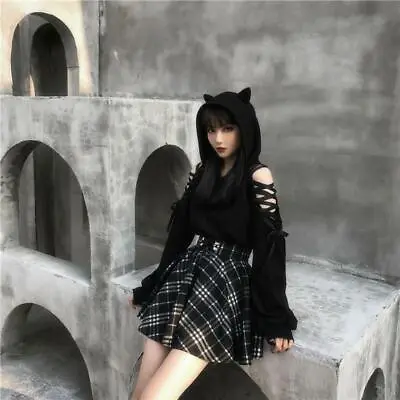 Kawaii Clothing Gothic Punk Cat Hoodie Black Sweatshirt Harajuku Ulzzang Lace Up • £16.97