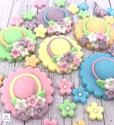 6 Edible Easter Bonnets & 30 Pastel Flowers Fondant Cupcake Decorations  Toppers • £9.99