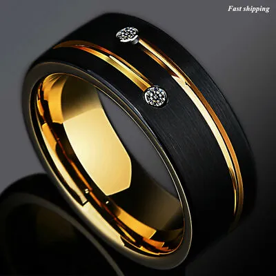 $30.99 • Buy 8mm Black Brushed Tungsten Ring Gold Grooved Line Diamond ATOP Men Wedding Band