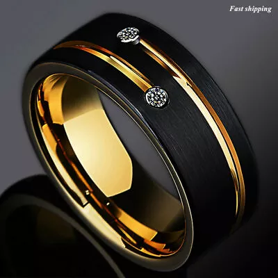 8mm Black Brushed Tungsten Ring Gold Grooved Line Diamond ATOP Men Wedding Band • $27.54