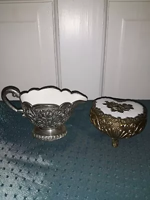 Vintage White Enamel Silver Plated Small Flower Pattern Jug And Jewellery Box  • $10