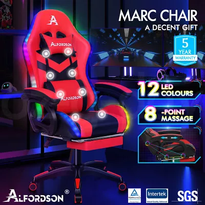 ALFORDSON Gaming Office Chair 12 RGB LED Massage Computer Seat Footrest Red • $169.95