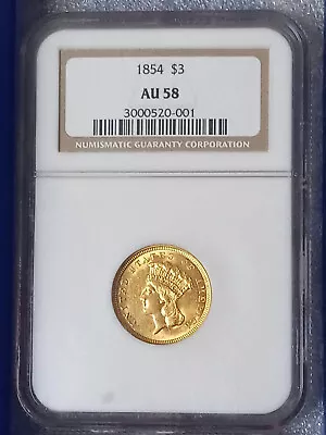 1854 $3 Gold Piece AU58 NGC Great Eye Appeal • $2195.50