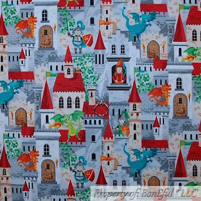 BonEful FABRIC FQ Cotton Quilt Rainbow Castle Scenic Kid Dragon Baby Boy Knight • $5.32