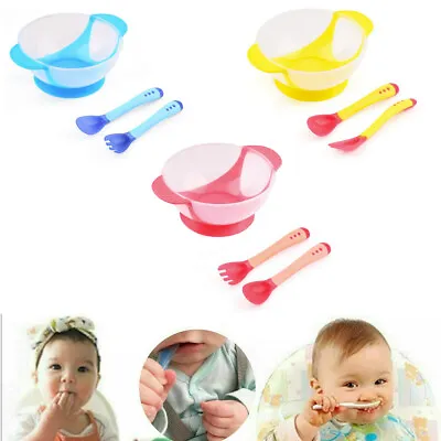 3X/Set Kid Baby Feeding Tableware Anti Slip Suction Food Bowl Sensing Spoon Fork • £4.49