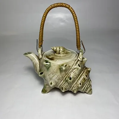 Vintage Japanese Majolica Conch Shell Teapot 5 In Ceramic Woven Wire Handle READ • $26.90