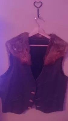 Black Leather Genuine Mink Button Up Vest Beaver Skin Extra Large • $1