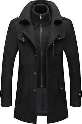 Men's Thermal Single Breasted Wool Blend Coat Business Peacoat Detachable Zipper • $34.99