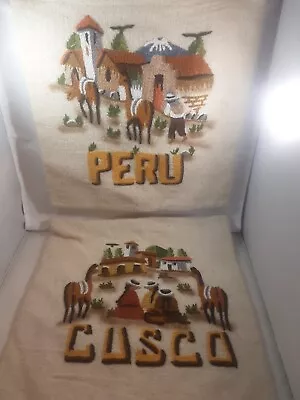 Vintage Peru & Cusco 13  Square  Handmade Wool Crewel Zippered Pillow Covers • $30