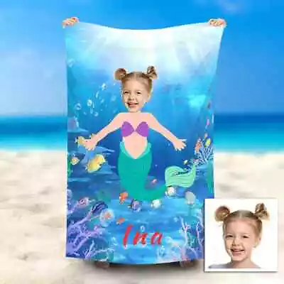 Custom Photo & Name Beach Towel Personalzied Mermaid Swimming Towel Gift • $59.99