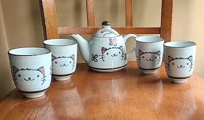 Kutani Yaki Stoneware Neko Cat Kitty Glazed Ceramic Teapot W/ Four Cups Signed • $28.95