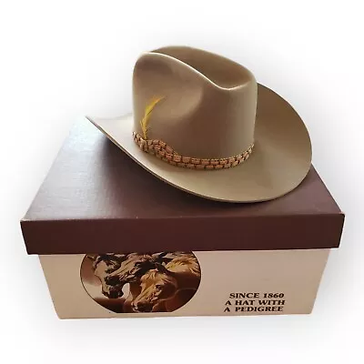 Vintage John B Stetson 3X Beaver Western Hat Tan XXX Stetson W/ BOX  7 Long Oval • $134.99