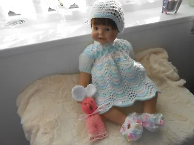 Hand Knitted White Multi Frill Dress Set Baby Girl 0-3mth/Reborn 19/22.*.NEW * • £18.99