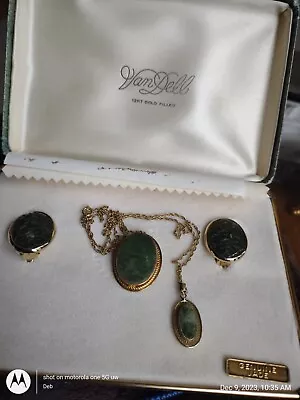 Genuine Jade Brooch Pendants Chain Clip Earring Set VTG 1/20 12k GF • $29.99