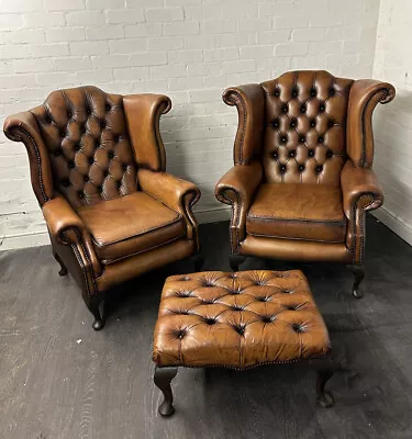 Chesterfield Queen Ann Chairs A Matching Pair & Footstool In Antique Saddle Tan • £995