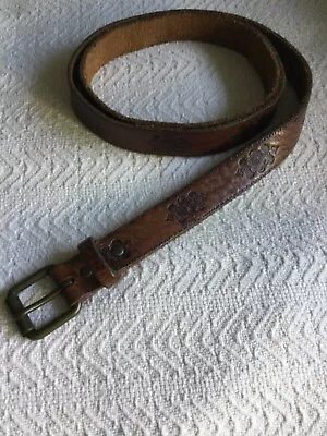 Vtg Banana Republic Brown Genuine Leather Tooled Belt Brass  Buckle L/XL 44” USA • $18.87