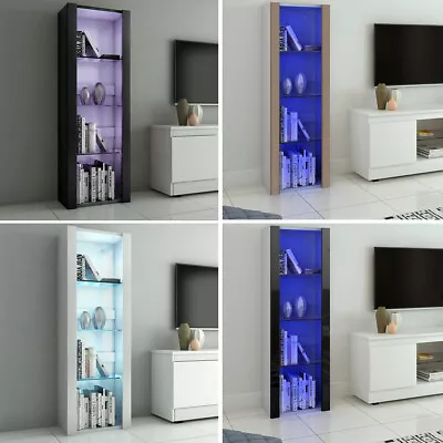 £99.99 • Buy Modern Tall Cabinet Bookcase Units 3 Glass Shelves With 12 Colour LED Lights UK