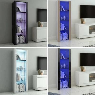 £99.99 • Buy Modern Tall Cabinet Bookcase Units 3 Glass Shelves With 12 Colour LED Lights UK
