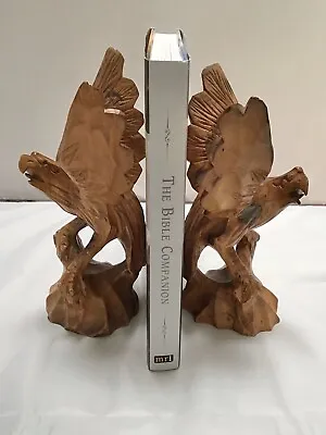 Pair Bookends Wooden Eagle Bird Hawk Hand Carved Sculpture Large 10”T. • $47.95