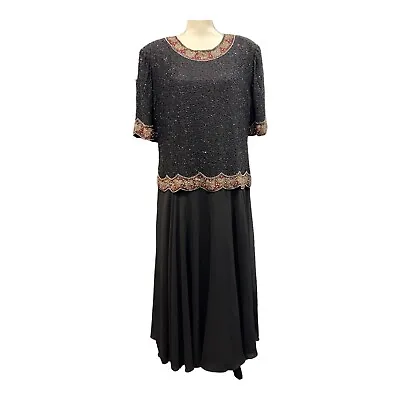 Vtg Lawrence Kazar 2X Evening Gown Dress Black Gold Beaded Bodice Formal NOS • $72.79