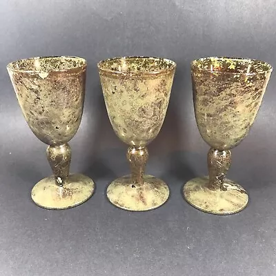 Set 3 Yellow Mercury Glass Goblet Random Design Hand Made In Poland 6.5  Tall • $32.95