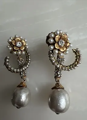 Vintage Miriam Haskell Faux Baroque & Seed Pearl Crystal Dangle Earrings • $675