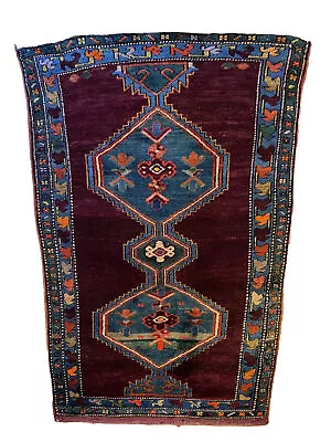 1940s Eggplant Violet Karabakh 100% Wool Thick Pile Armenian Rug Nice Condition • $550