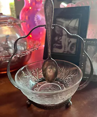 Vintage Celtic England Embossed Condiment Jam Caddy W Indiana Glass Bowl & Spoon • $24.99