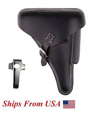 WWII GERMAN LUGER P08 Hardshell BLACK LEATHER HOLSTER WITH TOOLS • £29.08