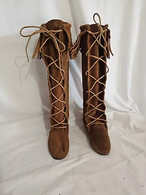 Vintage 60s 1422 Moccasins SZ 7 Tall Fringe Suede Lace Up Boots Minnetonka? • $35.99