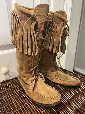 Vintage Minnetonka Moccasins SZ 7 Tall Fringe Suede Front Lace Up Boots • $24