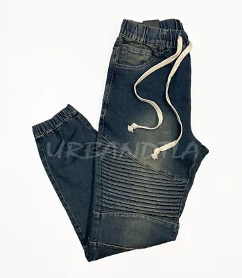 Men's Washed Biker Denim Jogger Pants Moto Jeans S-5XL JG873 • $29.88